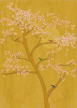 Mural na flizelinie 542127 drzewo wiśni z ptakami na musztardowym tle