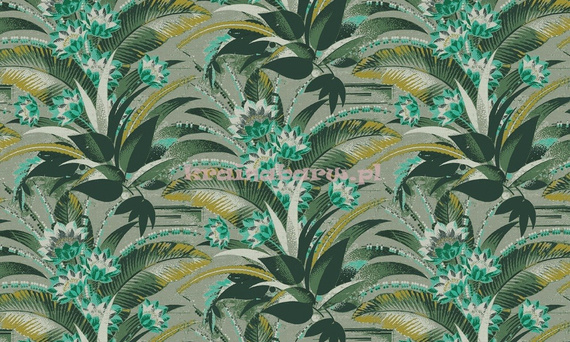 Tapeta z dużym wzorem liści i kwiatów w odcieniach zieleni  turkusów w stylu Art-deco