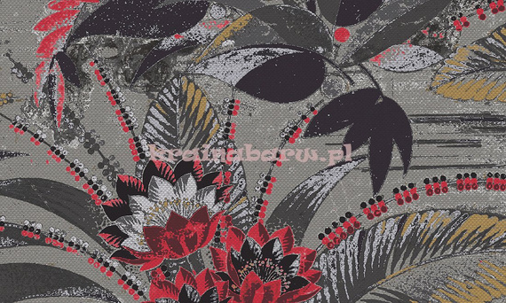 Tapeta z dużym wzorem liści i kwiatów  w szarościach czerni  czerwieni  w stylu Art-deco