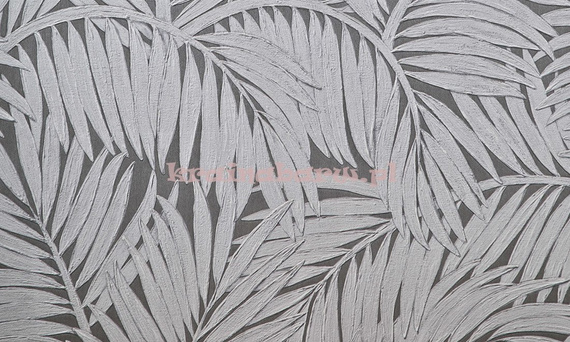 Tapeta z dużymi srebrzystmi liśćmi palmy z wyczuwalną strukturą na szarym tle