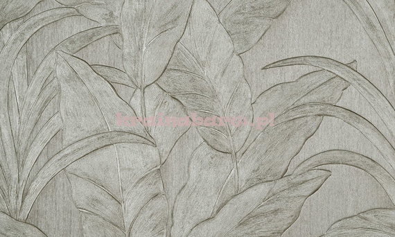 Modna tapeta z dużymi liśćmi z wyczuwalnym wzorem  srebrzystych szarościach