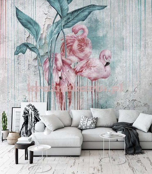 Fototapeta NAKURU II Różowe Flamingi na jasnym tle