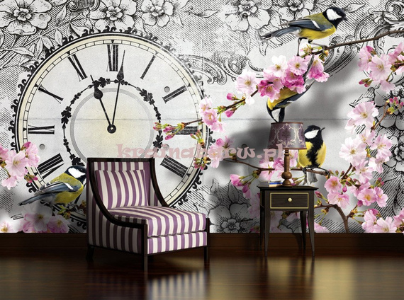 Fototapeta na flizelinie 1793VE Zegar i kwitnące drzewa