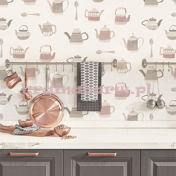 Gładka tapeta z niebieskimi, beżowymi czajniczkami na białym tle