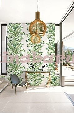 Tapeta z efektownym wzorem dużych kolorowych liści na zielonym tle w stylu art deco