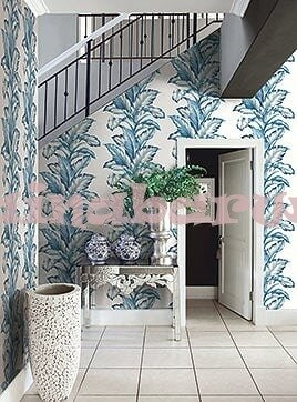 Tapeta z efektownym wzorem dużych beżowo szarych z zielonym akcentem  liści na szarym tle w stylu art deco