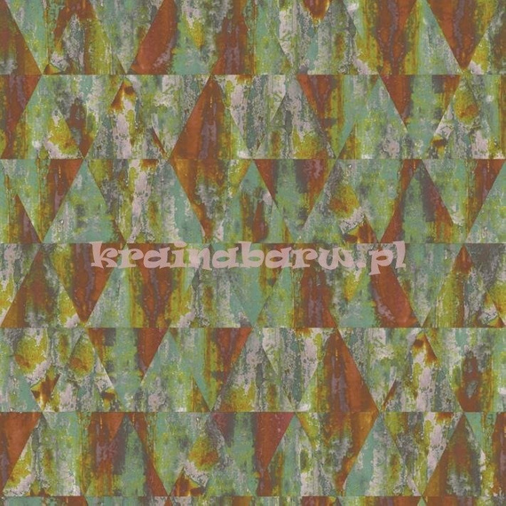 Modna tapeta geometryczna trójkąty w odcieniach zielonego niebieskigo z rdzawym