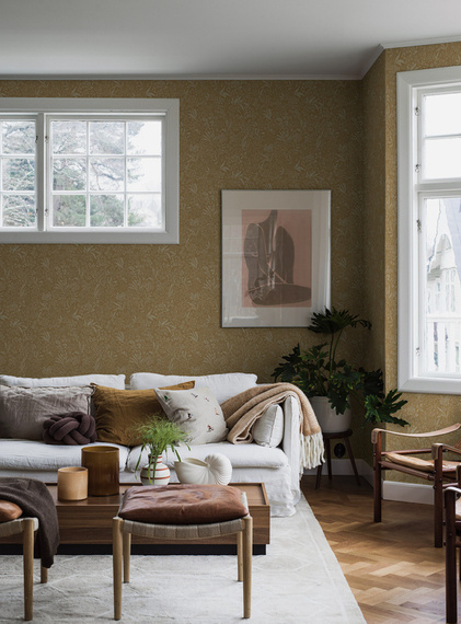 Tapeta 2022 w skandynawskim stylu liście kwiatki w odcienu ochry