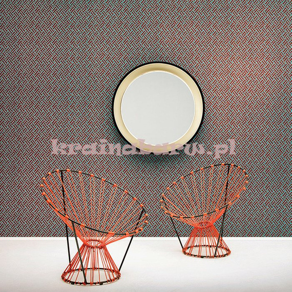 Nowoczesna geometryczna tapeta z  przeplatającymi liniami w ciemnej czerwieni  na niebieskim tle w stylu Art-Deco