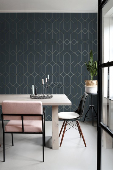 Tapeta 139225 geometryczna w stylu Art Deco ciemnoniebieska złota