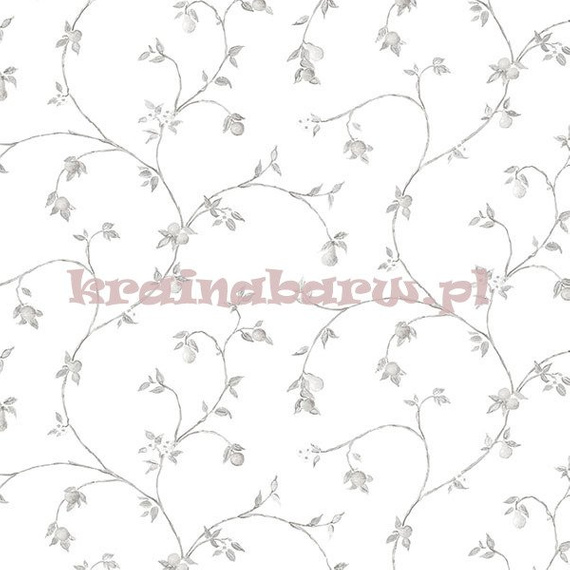 Tapeta z szarym motywem roślinnym z drobnymi owocami na białym tle