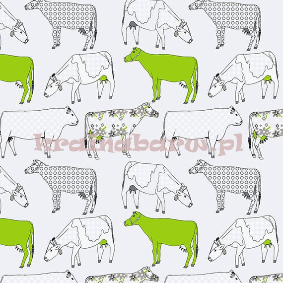 Tapeta z  zielonymi krówkami  na białym tle