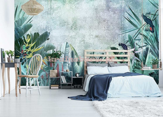 Fototapeta Tropikalne duże liście kwiaty i papugi  PARADISE II