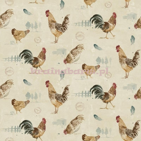 Zmywalna tapeta wiejskie klimaty koguciki i kurki na beżowym tle
