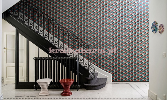 Tapeta geometryczna z kulistymi wzorami w delikatnych zieleniach szarości z oliwkowymi konturem  w stylu Art  Deco