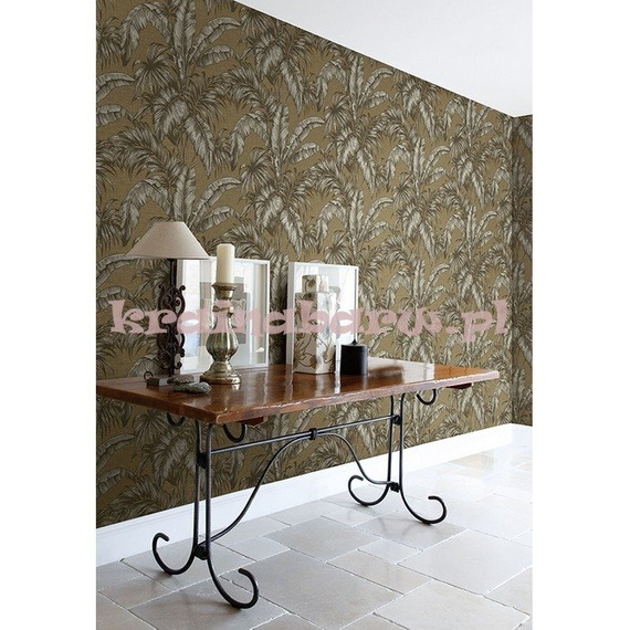 Tapeta w duże brązowo srebrzyste liście na złocisto brązowym tle