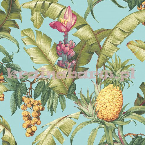 Tapeta z ananasami kwiatami liśćmi na niebieskim tle