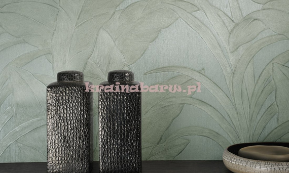 Modna tapeta z dużymi liśćmi z wyczuwalnym wzorem  w niebiesko zielona