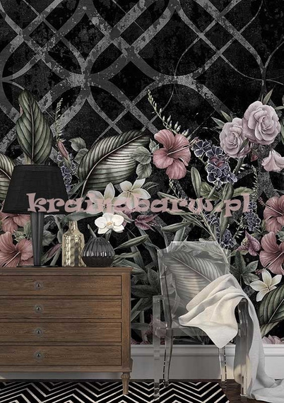 Fototapeta  tropikalne kwiaty liście ornamenty w czerni  Bahama 1