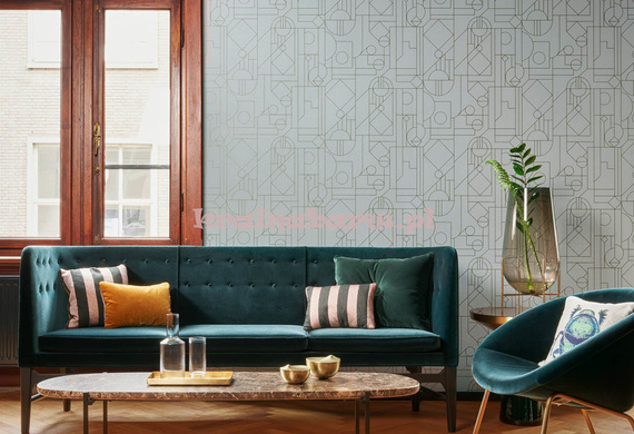 Nowoczesna tapeta geometryczna koła romby trójkąty na białym matowym tle w stylu art deco