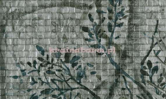 Panel z drzewami i tropikalnymi roślinami w srebrzystych szarościach