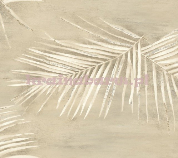 Romantyczna tapeta z wzorem  liści palmy z metalicznym akcentem na beżowym tle