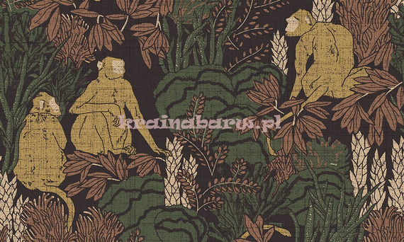 Nowoczesna tapeta z małpkami wśród drzew w brązach złocie zieleni