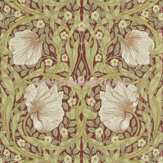 Klasyczna tapeta z kwiatem różowo beżowym, oliwkowymi liśćmi na czerwonym tle 