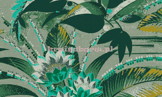Tapeta z dużym wzorem liści i kwiatów w odcieniach zieleni  turkusów w stylu Art-deco