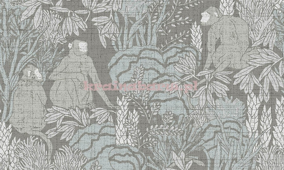 Nowoczesna tapeta z małpkami wśród drzew w beżach szarościach