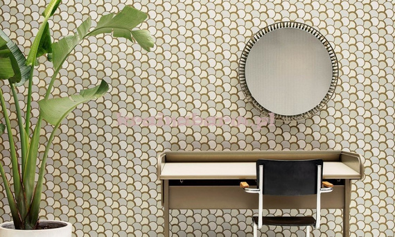 Tapeta geometryczna z kulistymi wzorami w szarościach  z brzoskwiniowym akcentem  w stylu Art  Deco