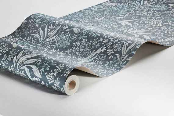 Tapeta 2025 w skandynawskim stylu liście kwiatki w odcieniach niebieskiego