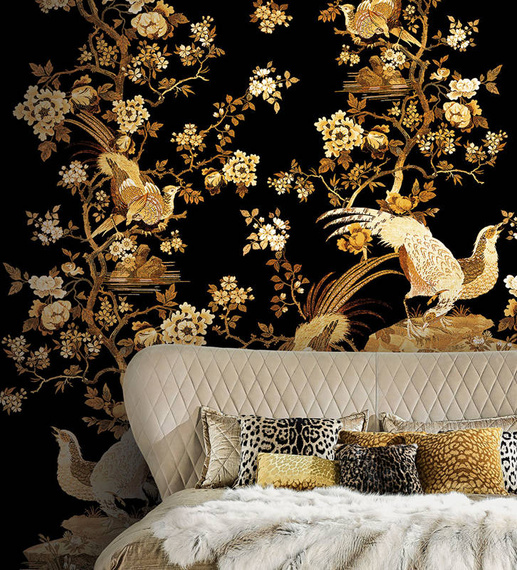 mural ekskluzywny RC 19118 Roberto Cavalli złote ptaki i kwiaty