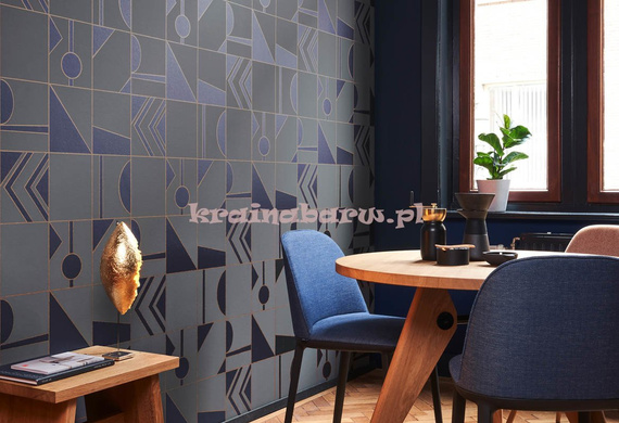 Nowoczesna tapeta geometryczna koła trójkąty prostokąty w turkusach na matowym tle w odcieniu khaki