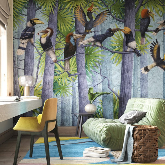 Ekskluzywny mural Drzewa kolorowe ptaki Hornbill 1 Blue Kids Fantasy