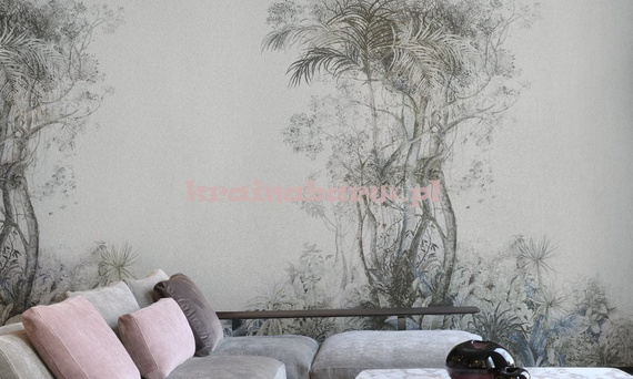 Panel z drzewami i tropikalnymi roślinami w srebrzystych szarościach