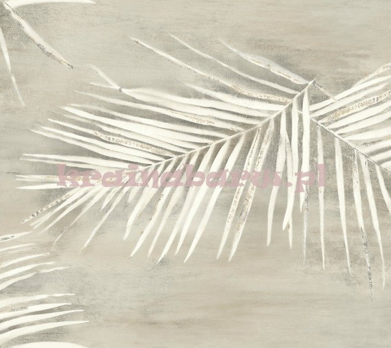 Romantyczna tapeta z wzorem  liści palmy z metalicznym akcentem na szarobeżowym tle