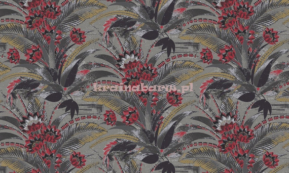 Tapeta z dużym wzorem liści i kwiatów  w szarościach czerni  czerwieni  w stylu Art-deco