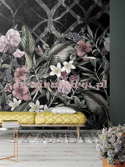 Fototapeta  tropikalne kwiaty liście ornamenty w czerni  Bahama 1