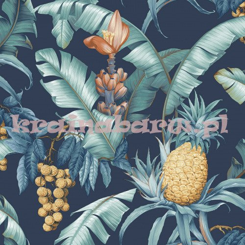 Tapeta z ananasami kwiatami liśćmi na granatowym tle
