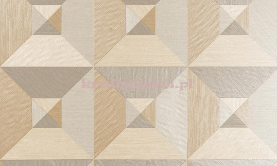 Tapeta geometryczna iluzja 3D kwadraty trójkąty w czterech odcieniach beży  wyczuwalną w dotyku strukturą 