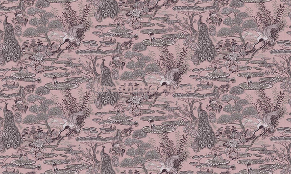 Stylowa tapeta  pawie ptaki   lilie w japońskim ogrodzie w stonowanym różu