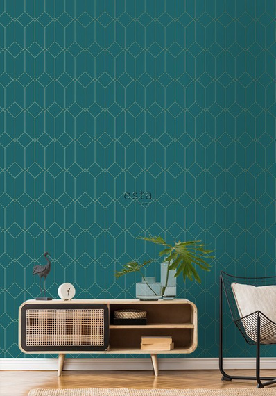 Tapeta 139224 geometryczna w stylu Art Deco turkusowa złota