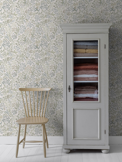 Tapeta 2026 w skandynawskim stylu liście kwiatki zielone na jasnym tle