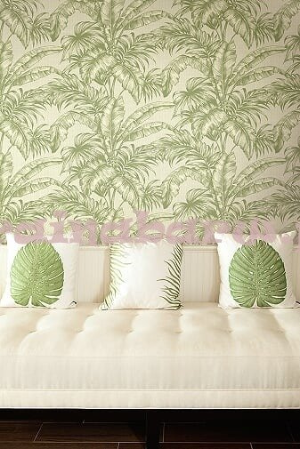 Tapeta w duże zielone  liście z srebystym akcentem na białym  tle 