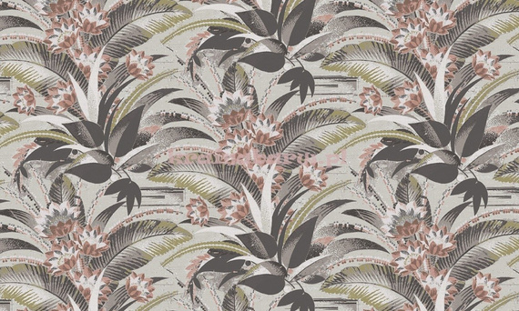 Tapeta z dużym wzorem liści i kwiatów w beżach brązach  w stylu Art-deco