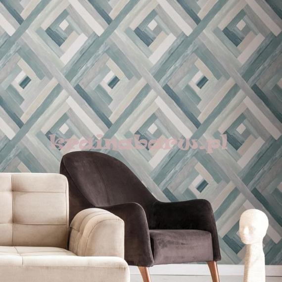 Tapeta  geometryczna malowane romby w zielonym beżowym szarym