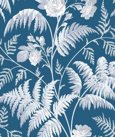 Tapeta 115/10031 Kwiaty róży liście paproci biało niebieskie