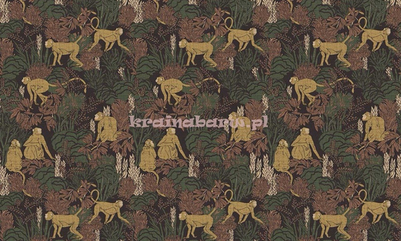 Nowoczesna tapeta z małpkami wśród drzew w brązach złocie zieleni