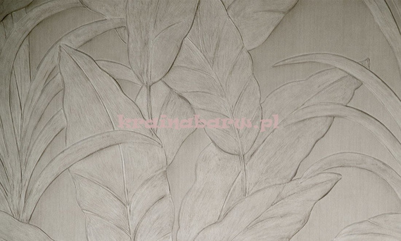 Modna tapeta z dużymi liśćmi z wyczuwalnym wzorem szaro beżowa